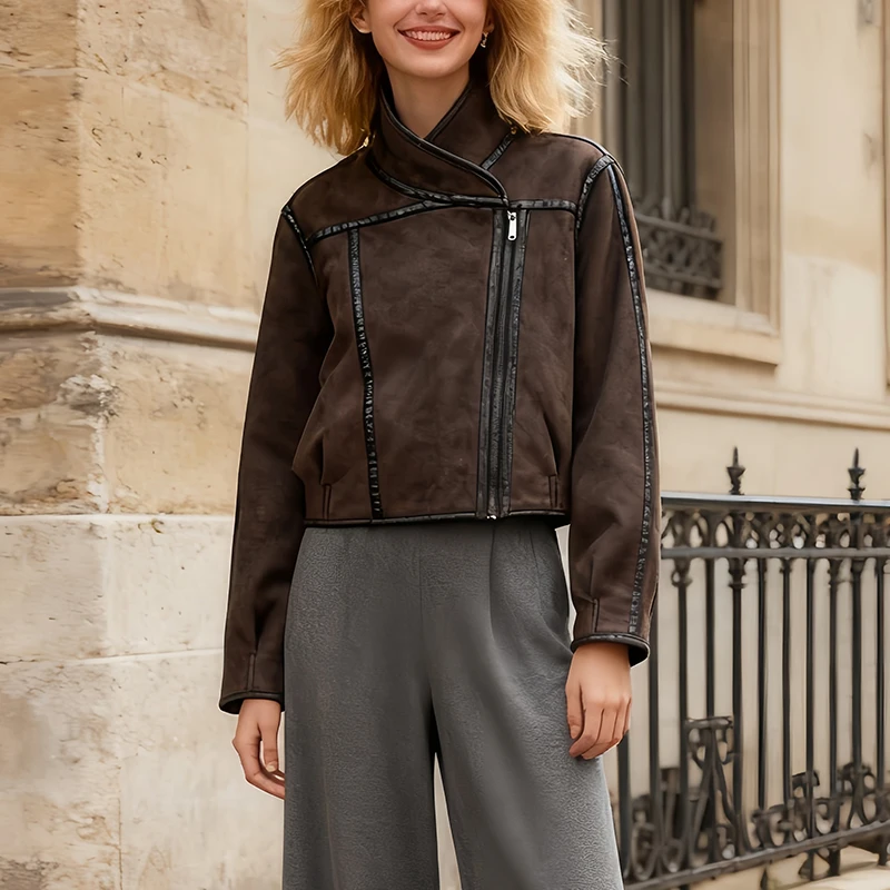 

Зимняя теплая верхняя одежда в винтажном стиле, коричневая куртка, женское укороченное пальто с асимметричным воротником-стойкой на молнии