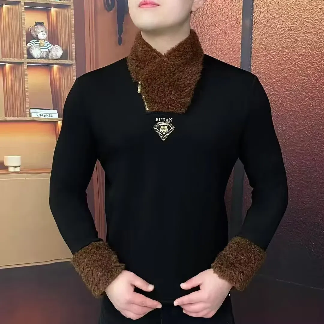 Winter Thick Warm T-shirt Men Long Sleeve Imitation Fur Patchwork Sweatshirt Casual Business Pullover Social Streetwear Shirt