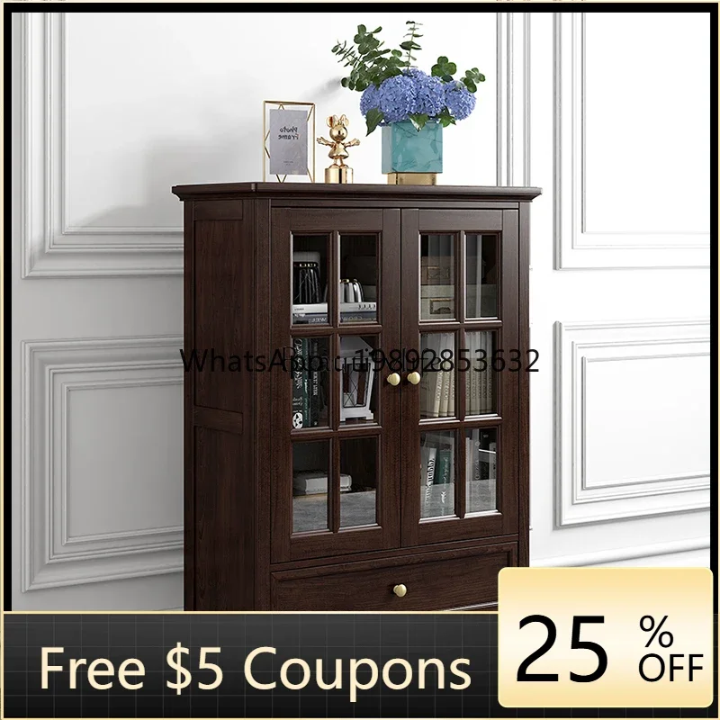 

FF American light luxury solid wood ash wood double door side hall cabinet living room furniture glass storage cabinet