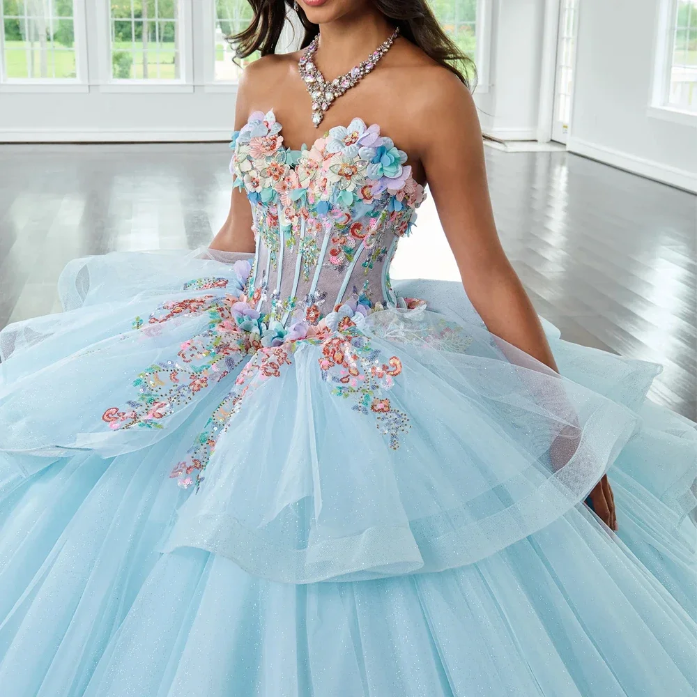 فساتين Quinceanera جديدة باللون الأزرق الفاتح 2026 فتاة حلوة 15 16 فستان حفلة عيد ميلاد على شكل قلب مزين بالدانتيل فستان مكسيكي بدون ظهر