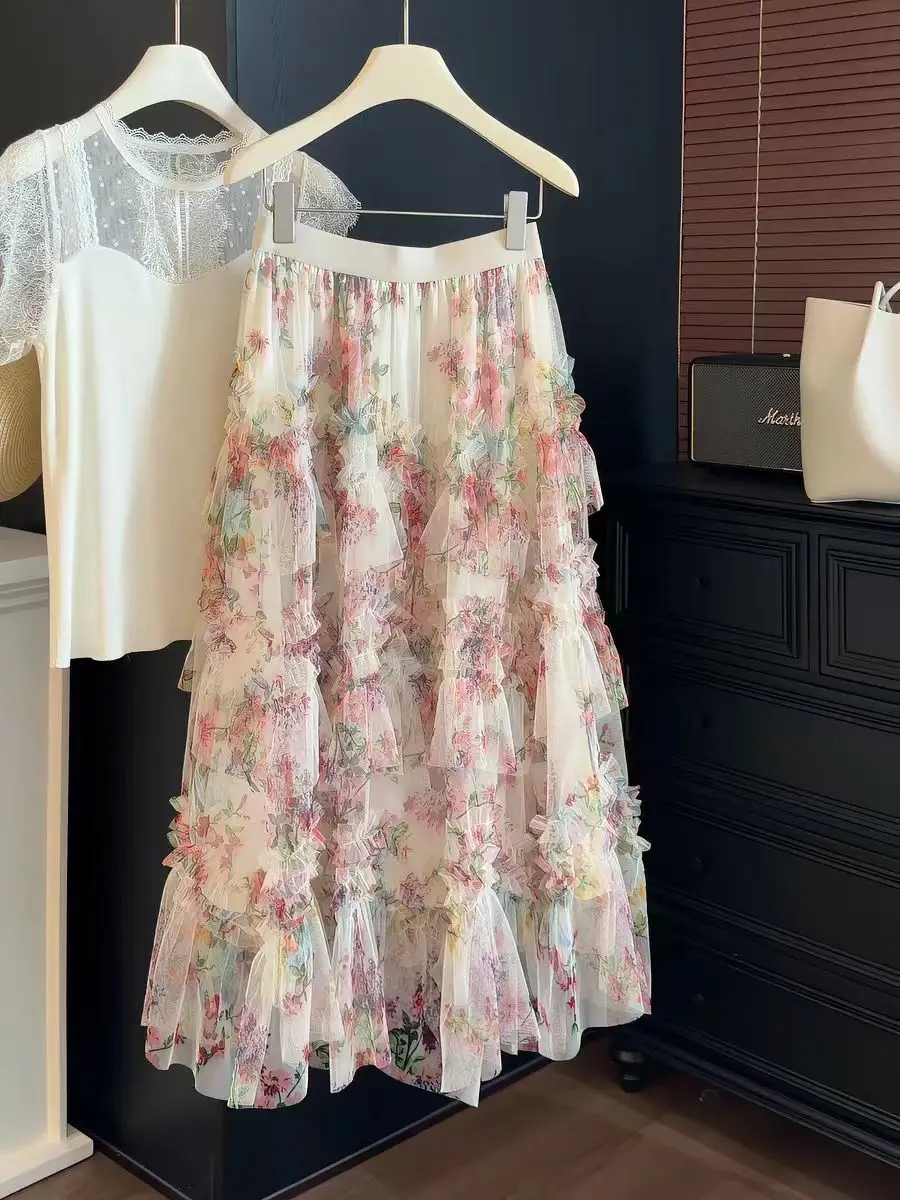 Floral Printed Lace Patchwork Layered Tulle Cake Skirts Woman Clothes High Waist Long Skirt Elegant Beach Style Skirts Summer