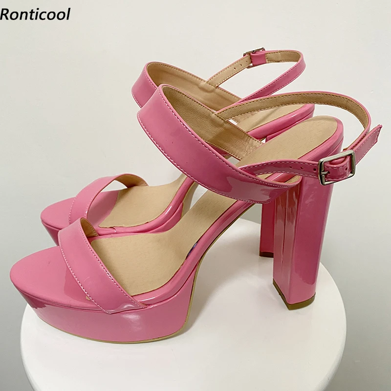 Ronticool-Sandalias brillantes con plataforma hechas a mano para mujer, zapatos sexys de tacón grueso con punta abierta, color rosa y rojo, talla 35 43 45 47 52, 2021