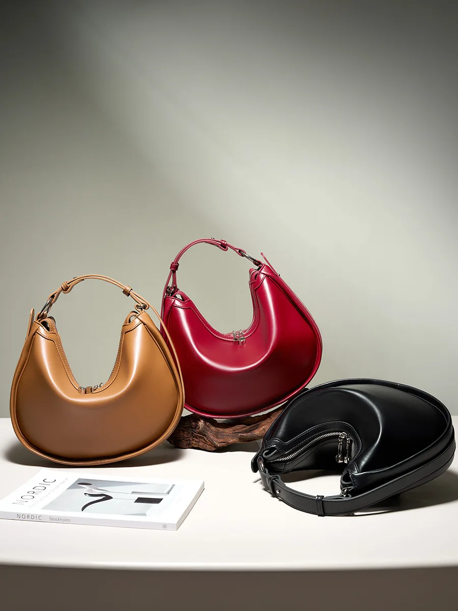 100% Genuine Leather Women Crescent Bag Handbag Luxury Women 2025 New Simple High Quality Shoulder Crossbody Bag Commuter