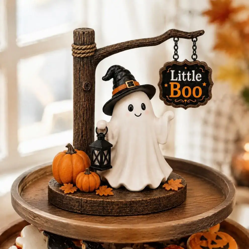 Cute Ghost Table Decorations Halloween Resin Ornaments Cute Ghost Figurine with Witch Hat Resin Halloween Tabletop Decor Little
