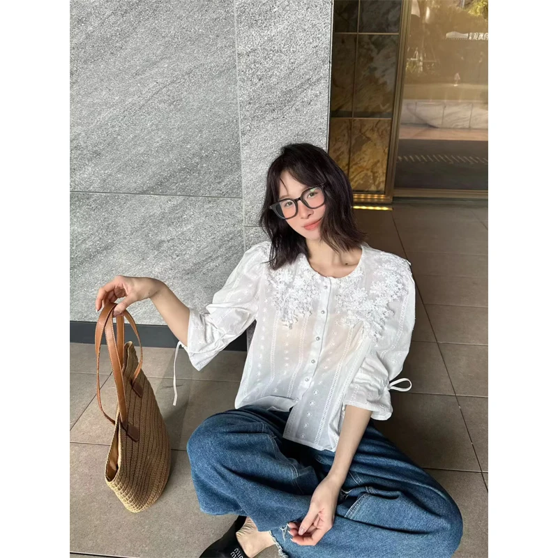 Elegant Lace Embroidery Stand Collar Shirt Women's Short Sleeve Bubble Sleeve Belted Top Breathable Skin-Friendly Summer New