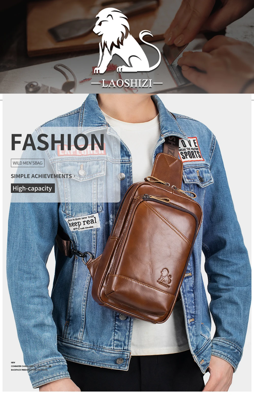 Steel Lion Herren-Brusttasche aus echtem Leder, großes Fassungsvermögen, vorne, Kartensteckplatz, Stifthalter, Tablet-Hülle, einzelne Schulter-Crossbody-Tasche – Detail 1