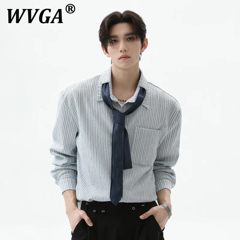

WVGA Весна Осень Новый Мужской Tide High Street Морщинистый Дизайн Полосатые Модные Рубашки С Длинным Рукавом Нишевая Шикарная Повседневная Рубашка с Завязками W10415