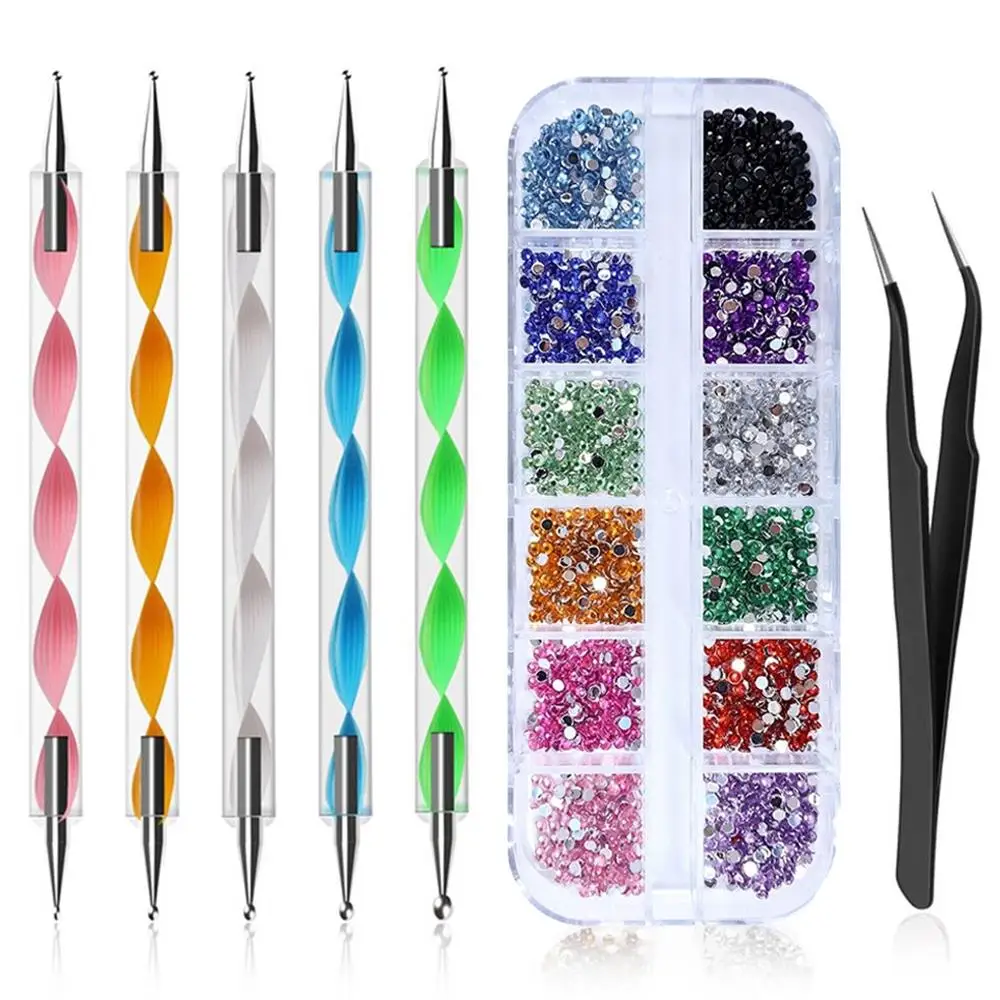 

Nail Art Dotting Pen Set, 12 Colors Flat Back Rhinestones + 5 Dotting Pens + Tweezers, Nail Decoration Tools Kit