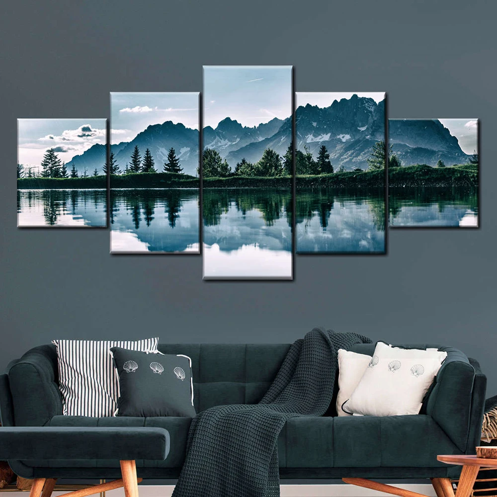 5 Panel Daylight Mountain Scene Canvas Painting Wall Art Landscape Lake Reflection Posters for Living Room Home Wall Decor