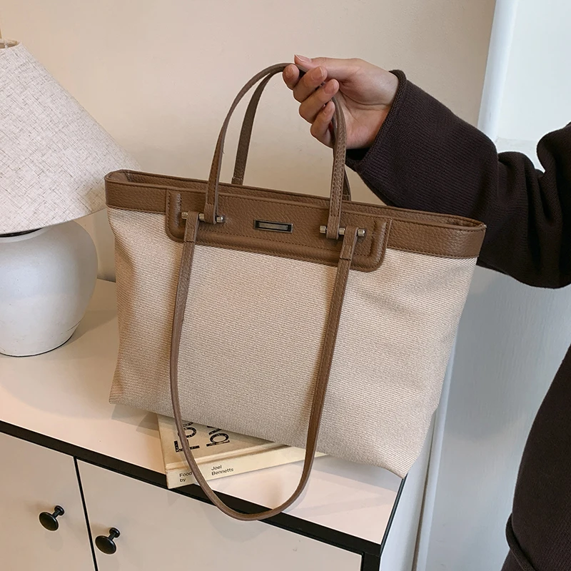 Women Canvas Tote Bag Solid Color Shoulder Bag Top Handle Work Bag Satchel Bag for Travel Shopping