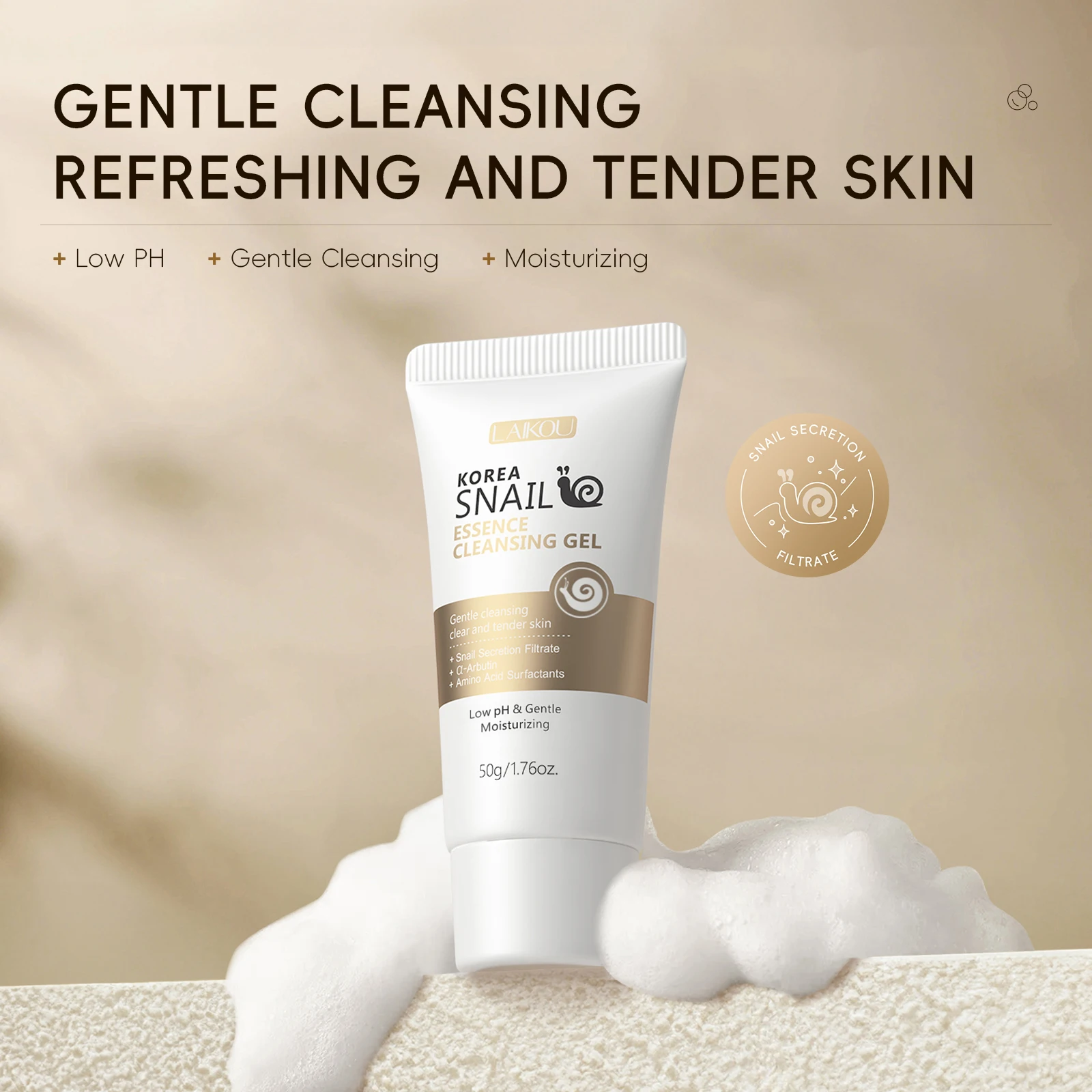 LAIKOU Korea Snail Essence Cleansing Gel 50g Low PH Gentle Cleansing Moisturizing Clear Tender Skin Daily Face Wash