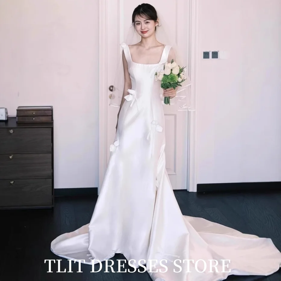TLIT Elegantes weißes A-Linien-Hochzeitskleid mit quadratischem Kragen und Schleife, Abendkleid, Korea-Brautkleid, Fotoshooting, individuelles bodenlanges Kleid