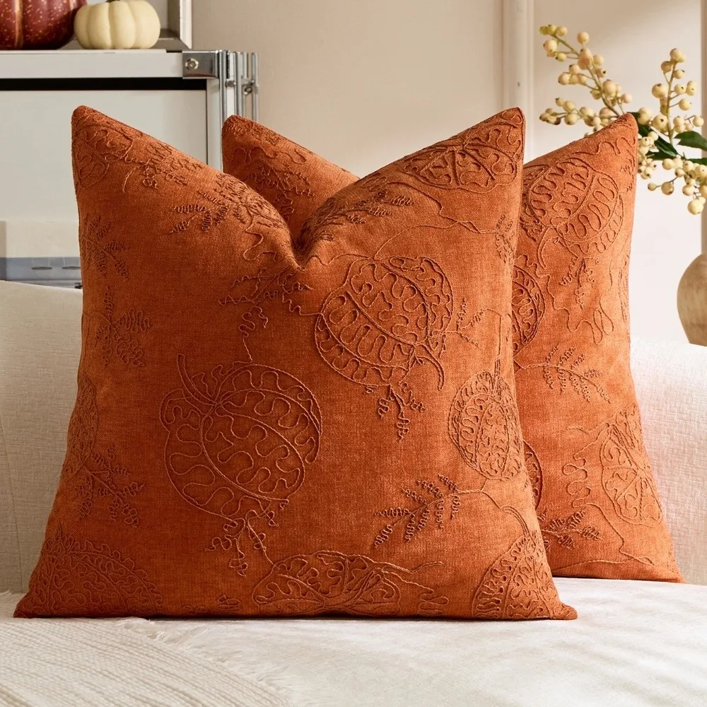 Soft Pillow Case Square Shape Warm Texture Cushion Cover Orange Cute Embroidery Throw Pillows Shell Cold Season