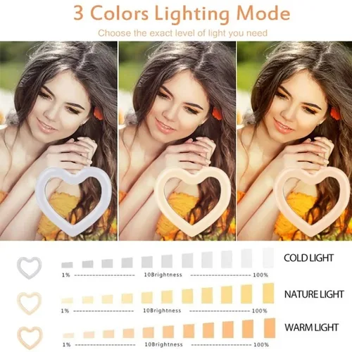 Imagen 2 del producto Anillo de luz LED para Selfie con forma de corazón RGB de 10 pulgadas, lámpara de anillo de vídeo regulable, trípode de iluminación fotográfica para maquillaje de teléfono, Volg en vivo