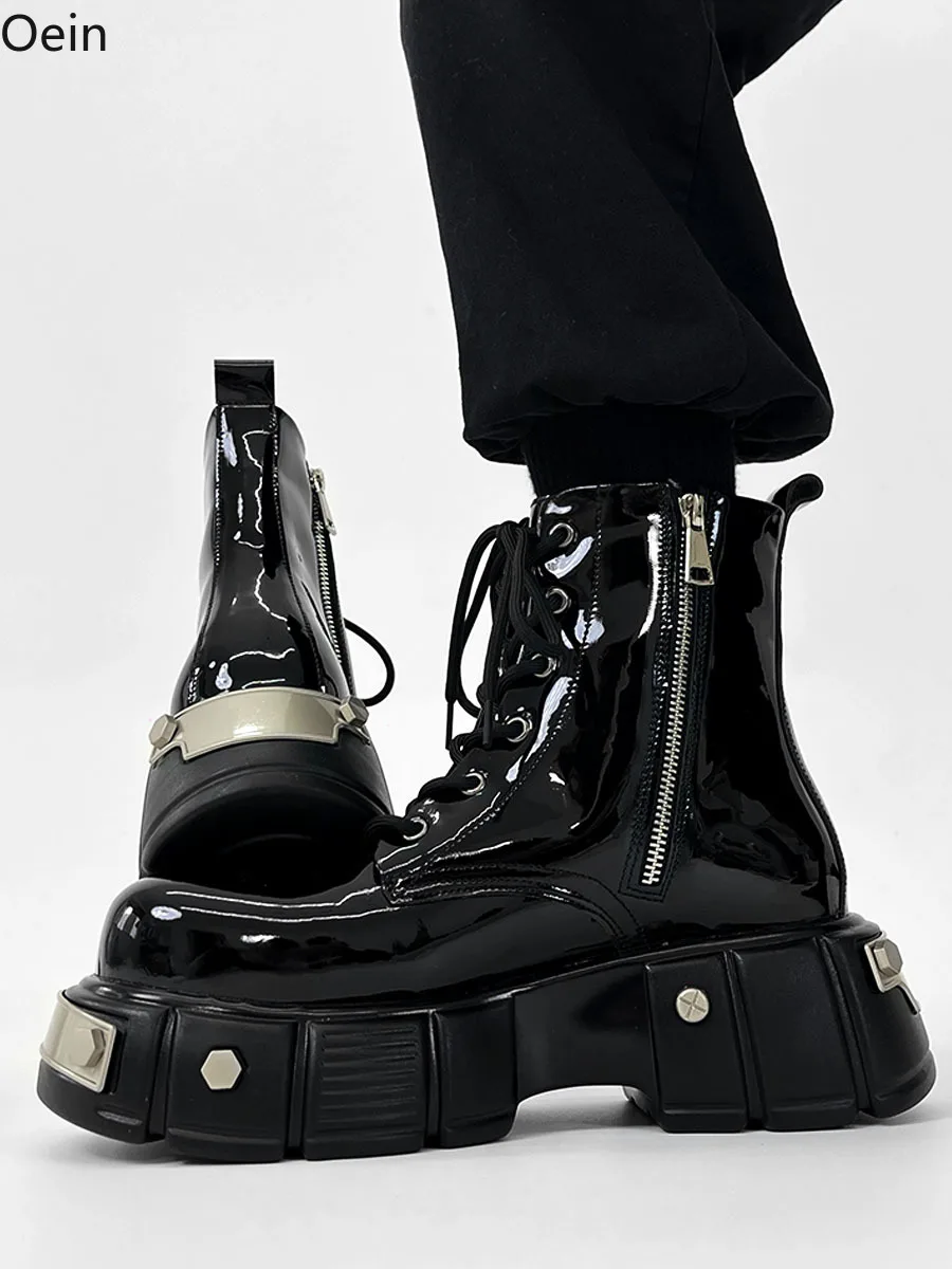 Mens Patent Leather Ankle Boots Metal Round Toe Lace Up Punk Platform Chunky Heel Motorcycle Shoes New 2024