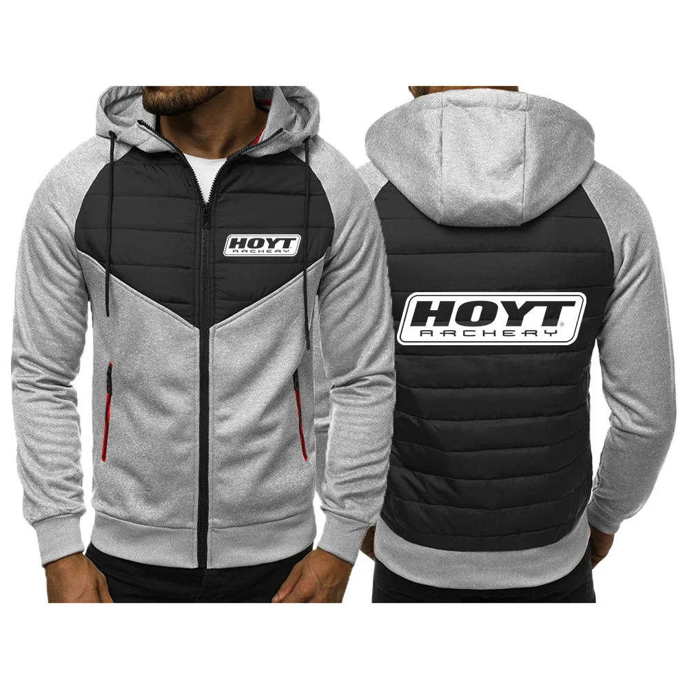 Hoyt Archery 2024 New Spring And Autumn Men Tricolor Hooded Jacket Casual Slim Patchwork Zipper Long Sleeve Clothing