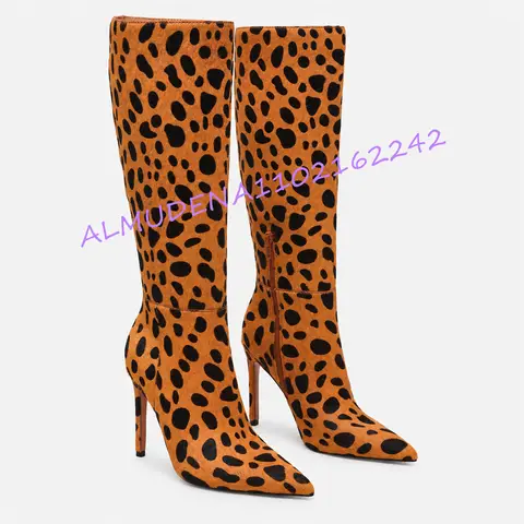 Cheetah Print Knee High Boots for Women Pointed Toe Stiletto High Heels Side Zipper Brown Black Tall Boots Evening Party Shoes