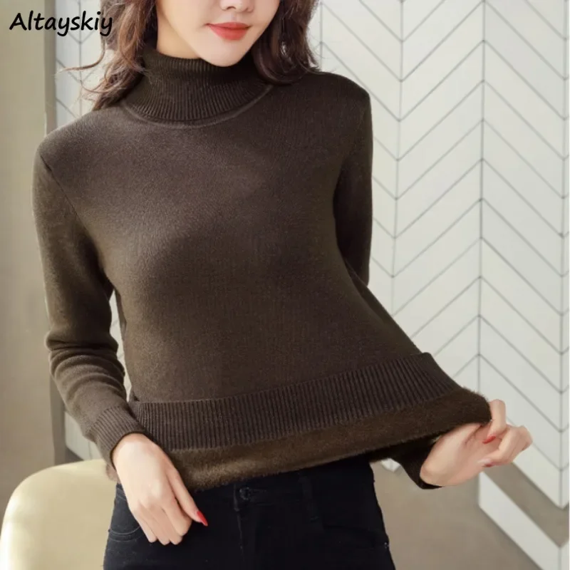 Turtleneck Pullovers Women Thickening Plus Velvet Keep Warm Winter Basic Clothes All-match Comfortable Solid Korean Sweaters