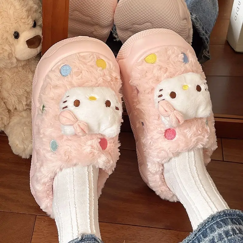 Kawaii مرحبا كيتي الشتاء غامض نعال من القطن فتاة الدوبامين Colorway المنزل الدفء نعل سميك مع بطانة الصوف نعال قماش #5