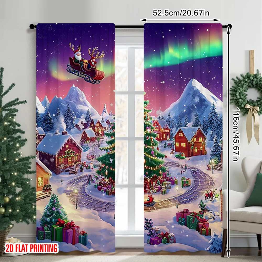 2pcs 2D flat printing Christmas Window Curtains Santa Claus and the reindeer sleigh Machine Washable Fabric Without Electricity