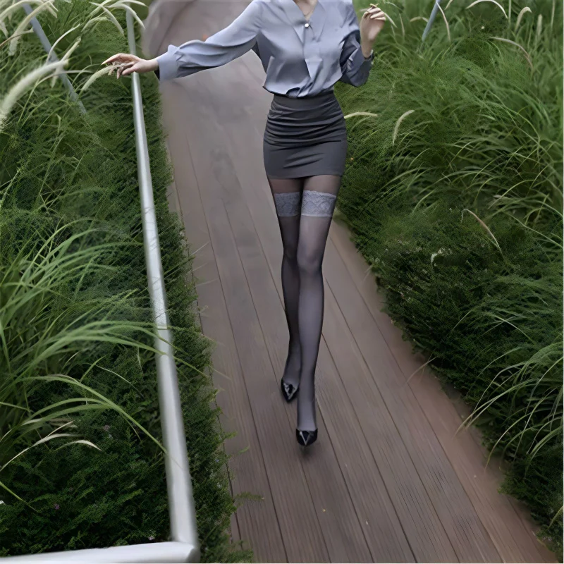 

Летние носки-чулки Kuris с кружевной отделкой, нескользящие, с силиконовым краем, длинные, многослойные, ультратонкие, выше колена, черные