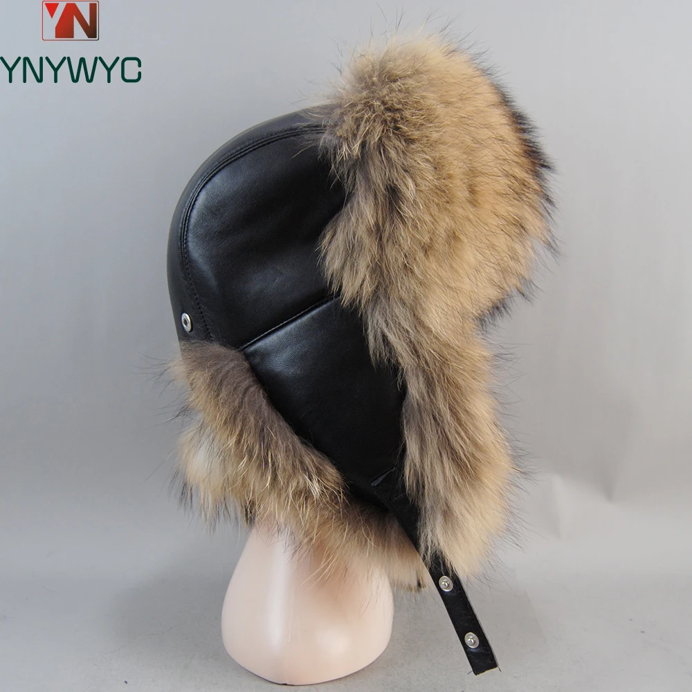 

New Men Outdoor Windproof Winter Natural Real Fox Fur Bombers Hats Quality Raccoon Fur Cap Man Luxury Real Sheepskin Leather Hat