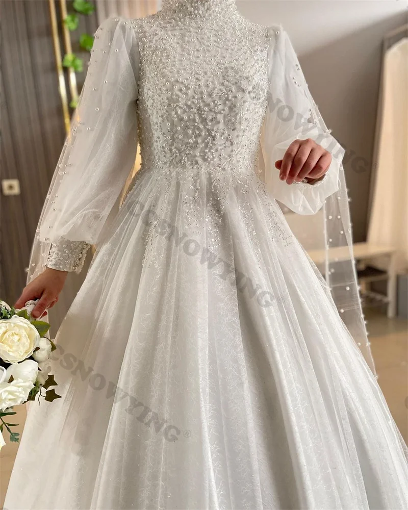 Vestido De novia musulmán De manga larga con cuentas De tul, cuello alto, Hijab, Árabe