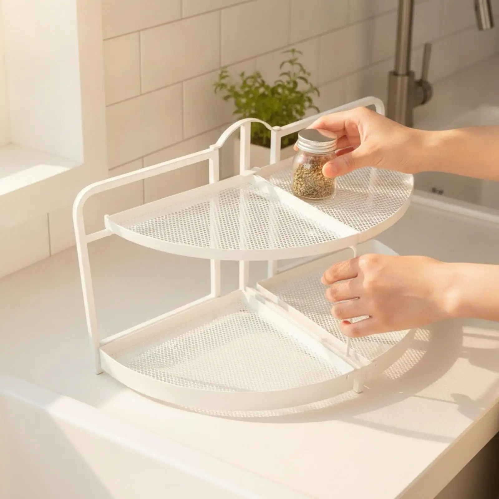 Two Tier Kitchen Organizer Rack Foldable Iron Shelf with Raised Edge for Condiment Storage