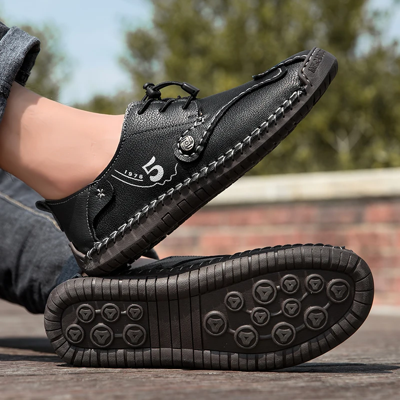 

2025 casual shoes man black new style mens handsewn elastic shoelace classic wear-resistant antiskid walking shoes driving shoes