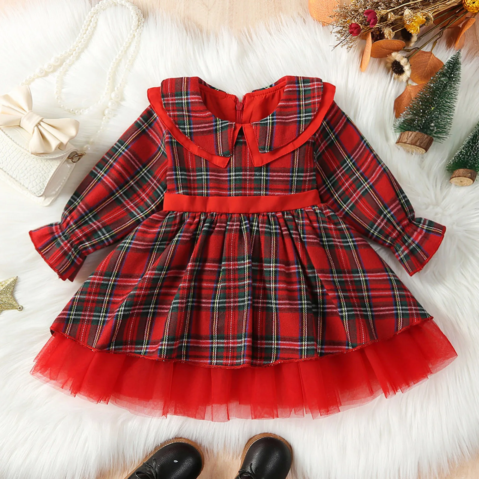 0-5Y Christmas Princess Kids Girls Autumn Dress 3 Colors Peter Pan Collar Long Sleeve Plaid Print Lace Tulle Tutu Bowknot Dress