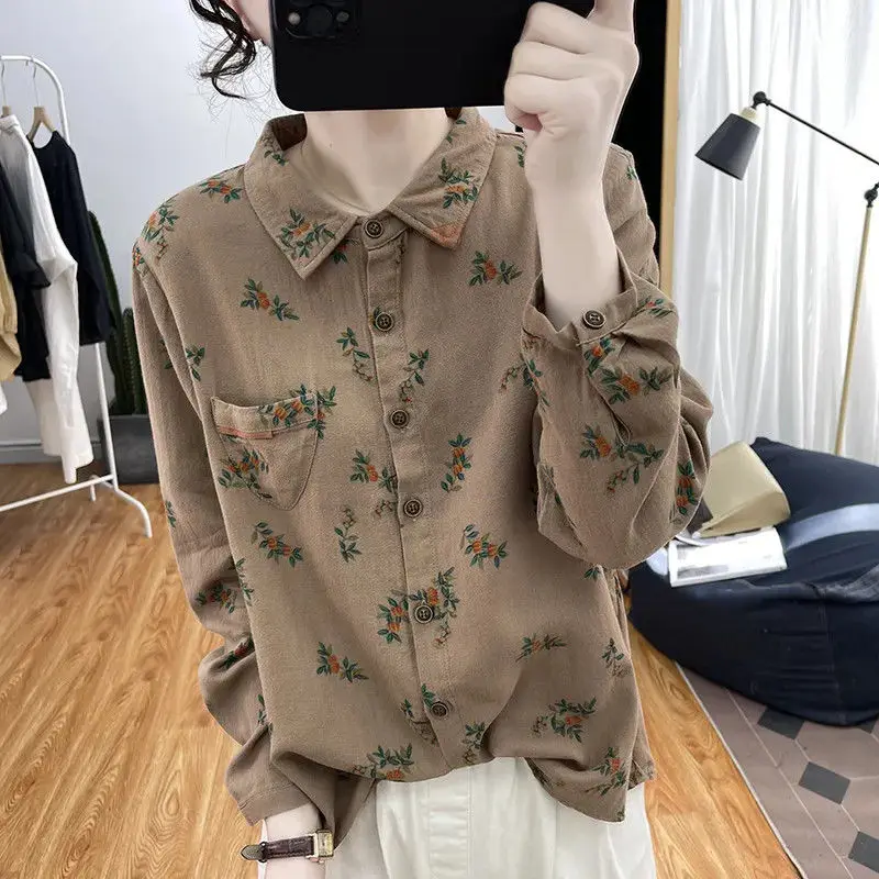 Cotton and Linen Floral Long Sleeved Shirt Women\'s Digital Printed Anti-aging Top Retro Base Shirt Shirt