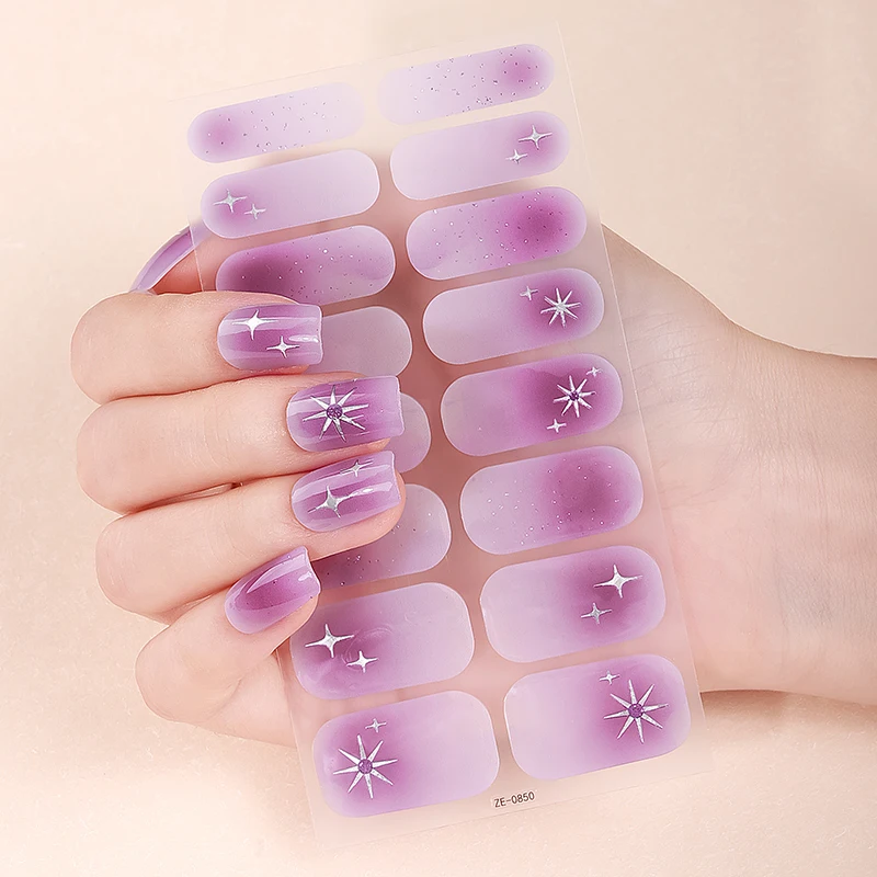 16Tips Gradient Full Cover Nail Polish Strips Glitter Star Moon Self-Adhesive Nail Wraps DIY Manicure Decoration Nail Sticker