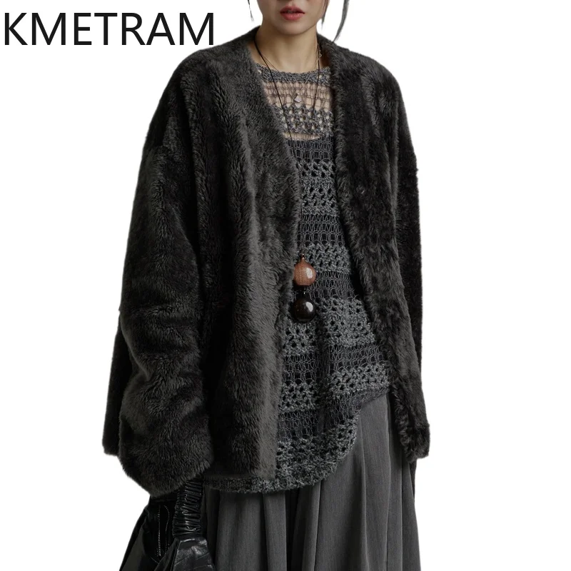 

KMETRAM натуральная мериносовая овчина с шерстяной курткой, женские роскошные куртки из натурального меха с v-образным вырезом, новые пальто, зимняя одежда