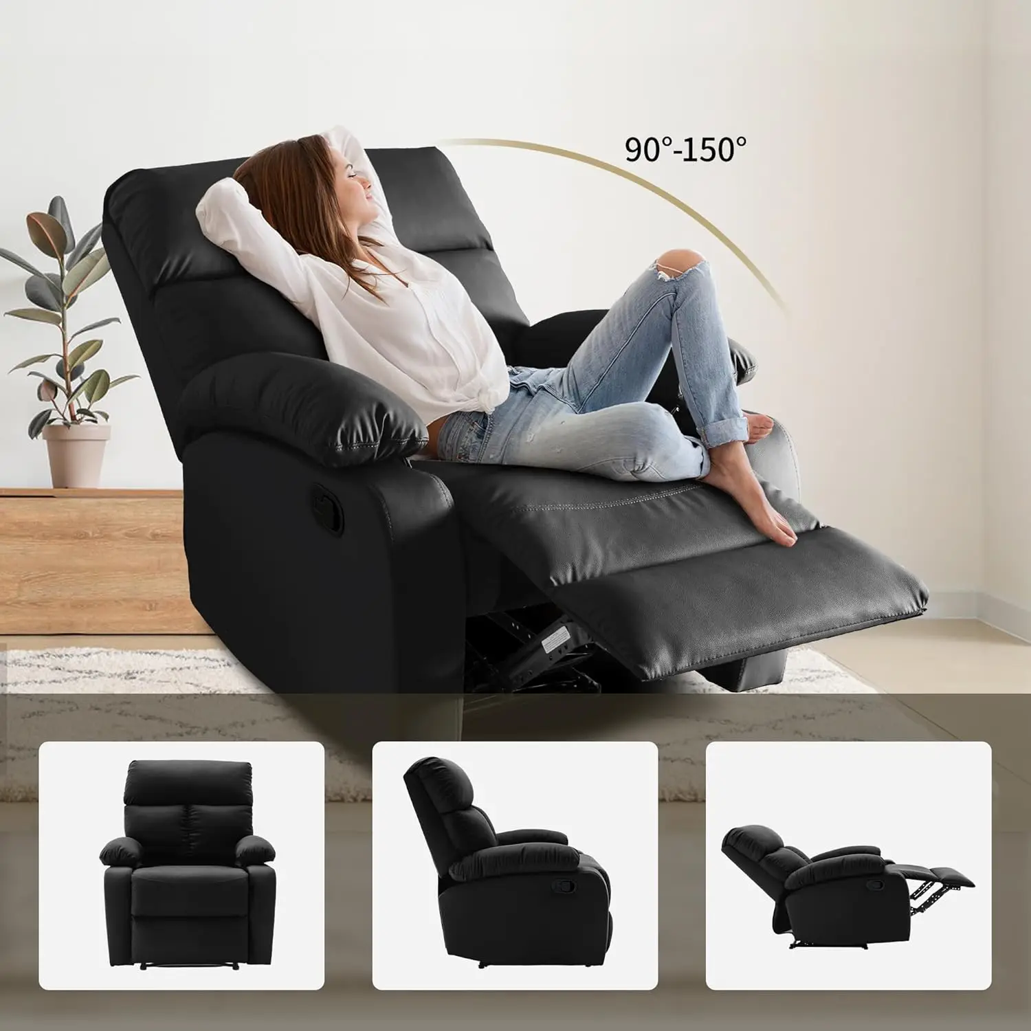 Fauteuil inclinable manuel pour adultes, cuir anti-rayures, petit canapé noir pour camping-car ou salon