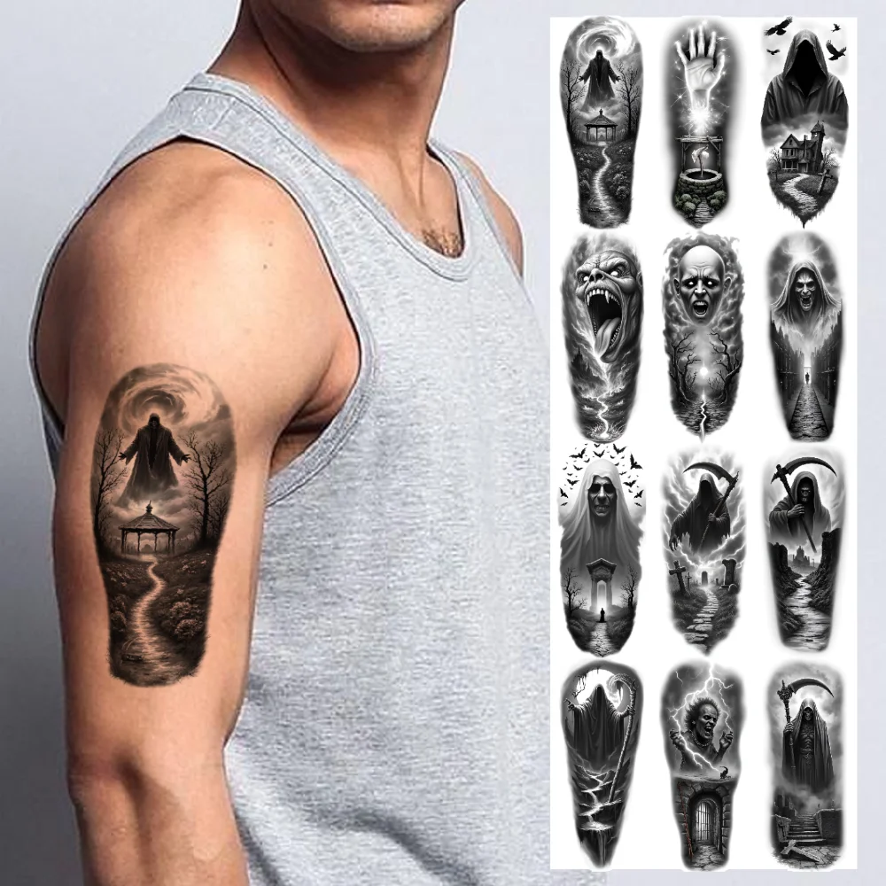 12pcs Temporary Tattoo Horror House Realistic Temporary Tattoos Witch Hand Ghost Black And Grey Realism Bats For Adults Men