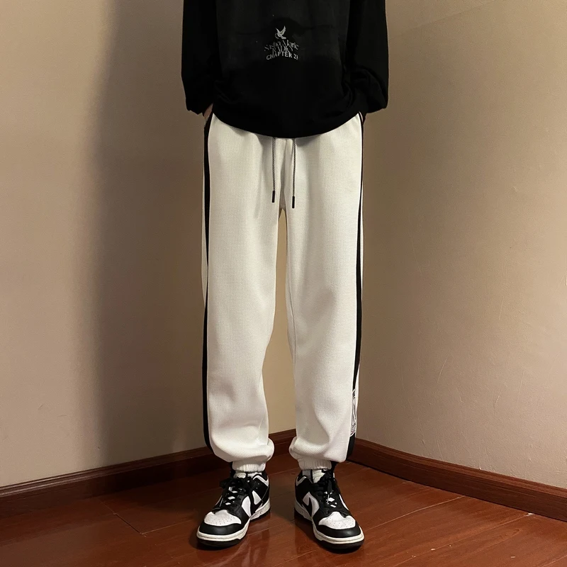 

Loose Side Stripe Fashion Pant Wide Leg Men Sweatpants Spring Sportswear Casual Drawstring Elastic Waist Autumn Straight Trouser