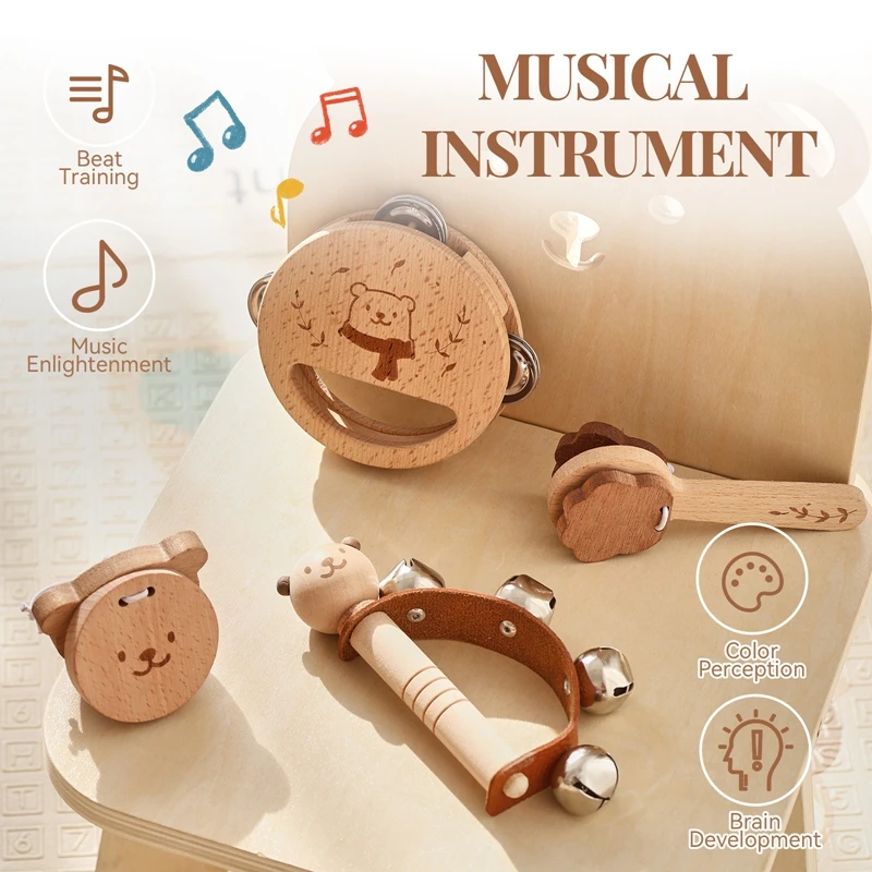 Hölzernes Musikinstrument, Cartoon-Bär, Regentrommel, Kastanie, Rassel, Daumen, Geige, Babymusik, Lernspielzeug-Set, Geschenk für Neugeborene
