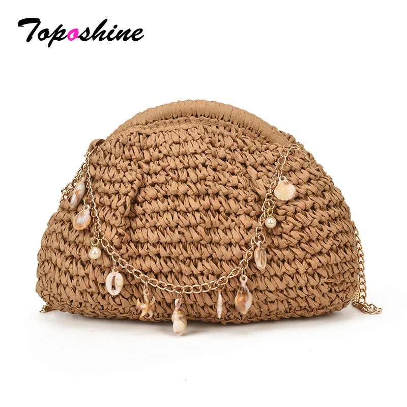 

Сумка-клатч Toposhine 2026 New Khaki из соломки для женщин, в богемном стиле, с цепочкой и ракушками, плетеная, пляжная, через плечо, для отпуска
