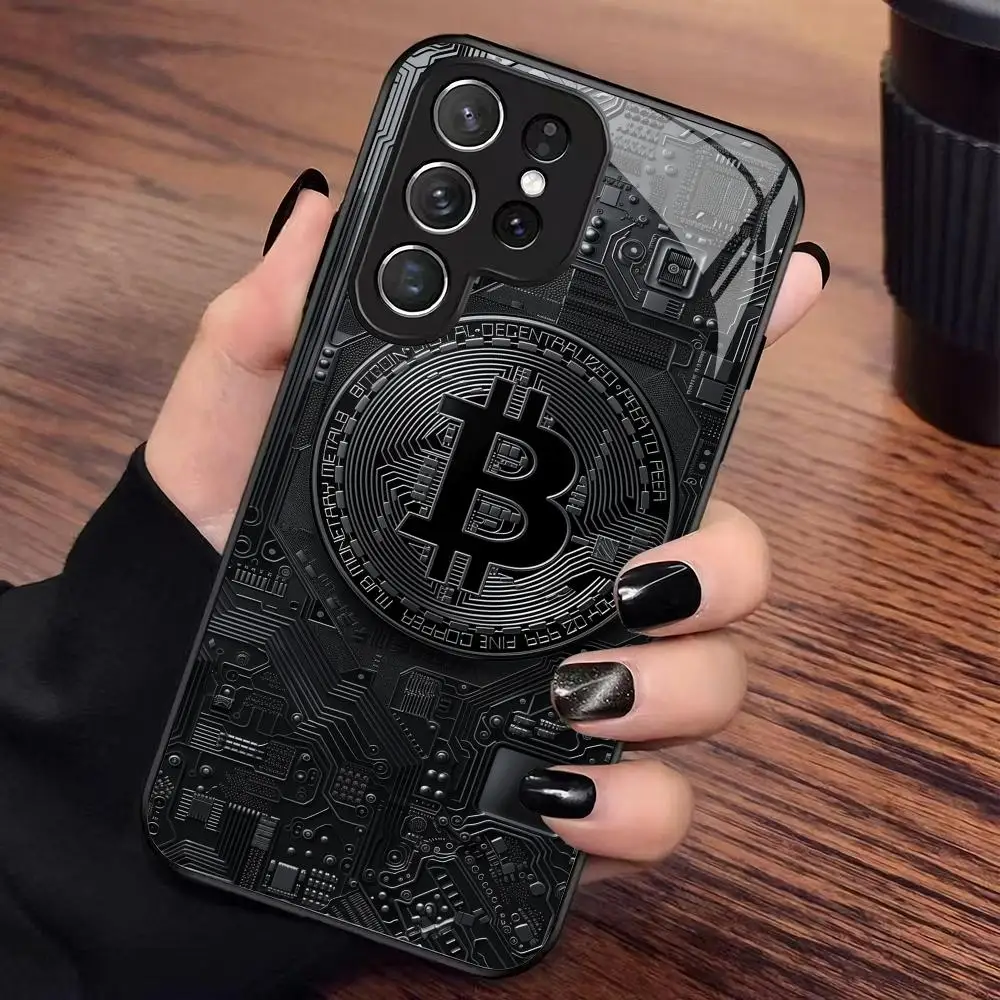 Black Bitcoin tempered glass phone case suitable for Samsung Galaxy S26 S25 S24 S22 S21 S20 FE/Ultra/Plus anti drop back cover