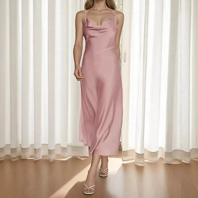 

2025 Women's Hot Selling Satin Vinegar Sexy Elegant Suspender Long Dress