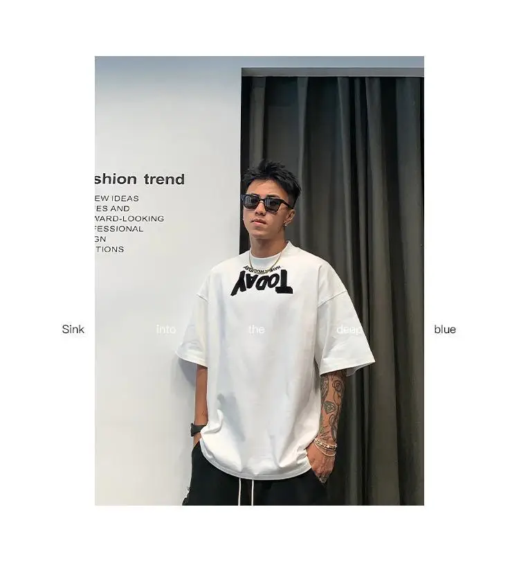 Large men's heavy-duty pure cotton short sleeved T-shirt with summer trendy brand contrasting color letters half sleeved T-shirt
