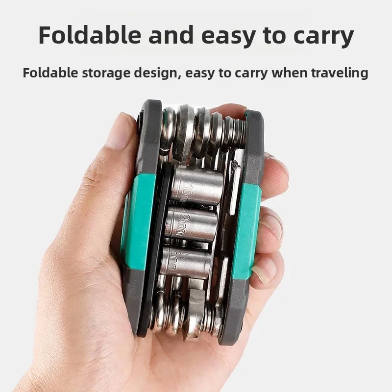 16 in 1 Bicycle Repair Tool Foldable Combination Set Aluminium Repair Kit with Internal Hexagons Flat Wrench Screwdriver