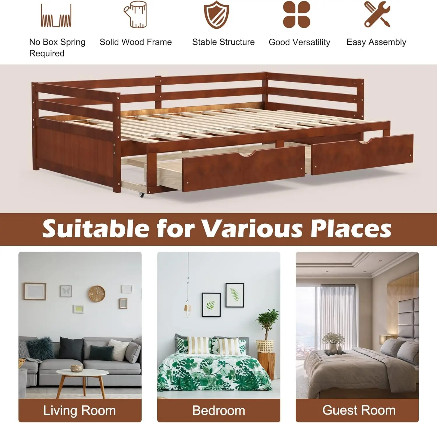 سرير نهاري مزدوج إلى كينج مع درجين للتخزين، سرير نهاري حديث قابل للتمديد مع سرير سحب مزدوج، سرير أريكة مزدوج الاستخدام لـ