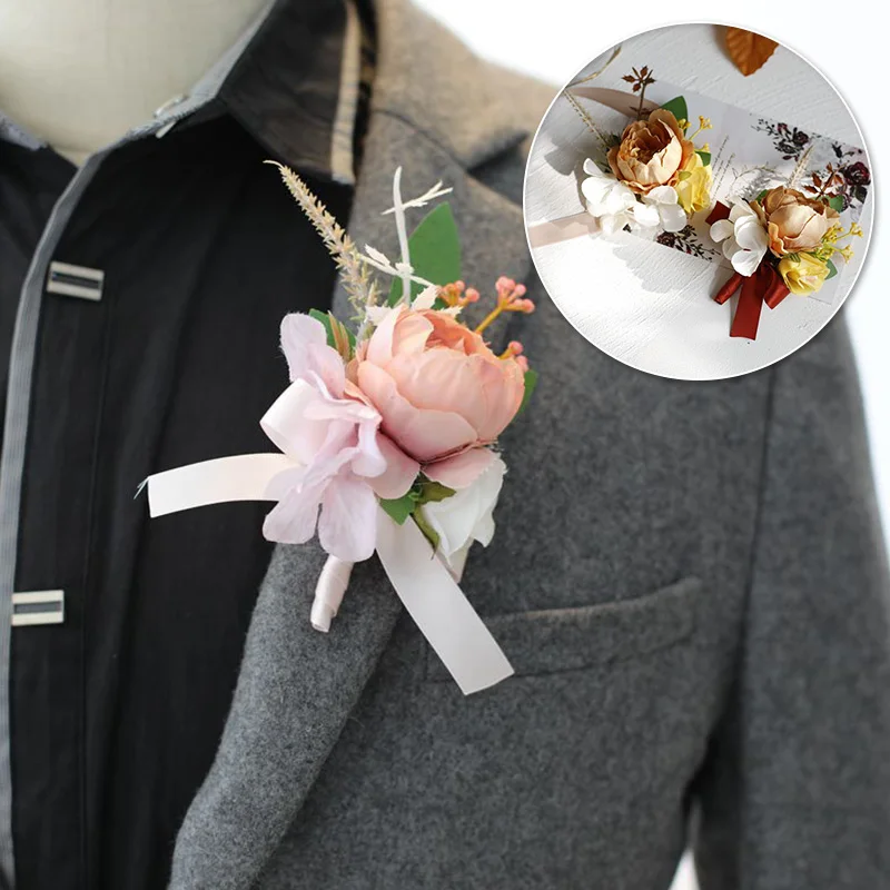 New Wrist corpetto Wedding Men Boutonniere Girl bracciale Groom Pins damigella d'onore polso corpetto fiore seta rosa rossa Boutonniere