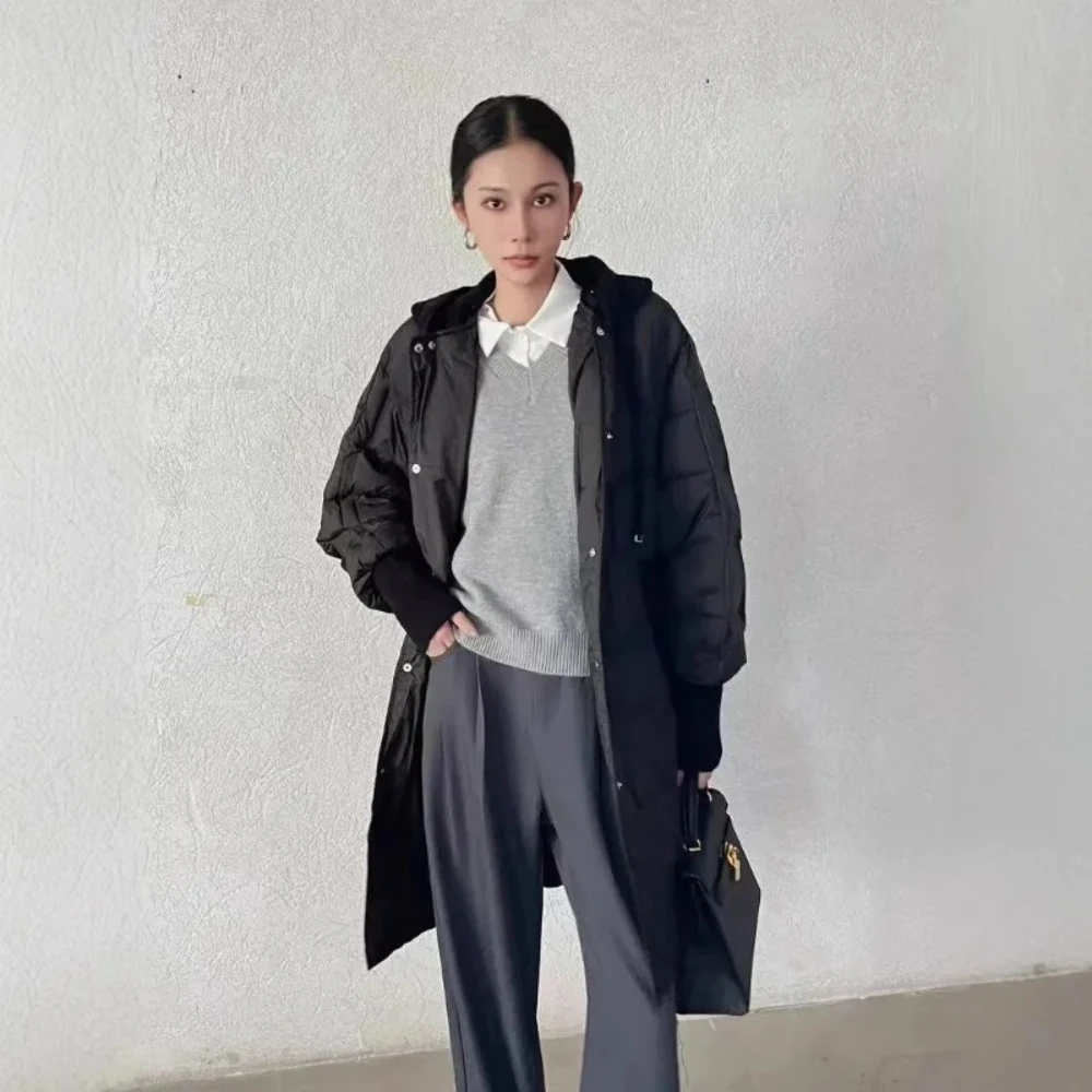 Women's 2025 Autumn Winter Mid-Length Down Jacket New Fashion Warm Knitted Hat White Duck Down Coat Winter Female Cold Jacket