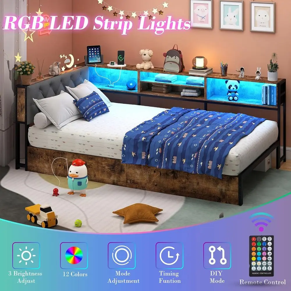 収納付きツインコーナーベッド、本棚、LEDライト、収納引き出し付きデイベッド、ヘッドボードと充電ステーション付き布張りベッド