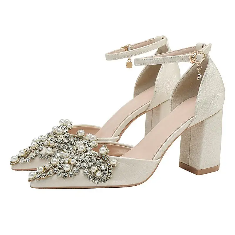 Size 30-44 Pearls Rhinestone Buckle Wedding Shoes Bride's Bridesmaid Buckle D'orsay & Two-piece High Heels Women Shoes