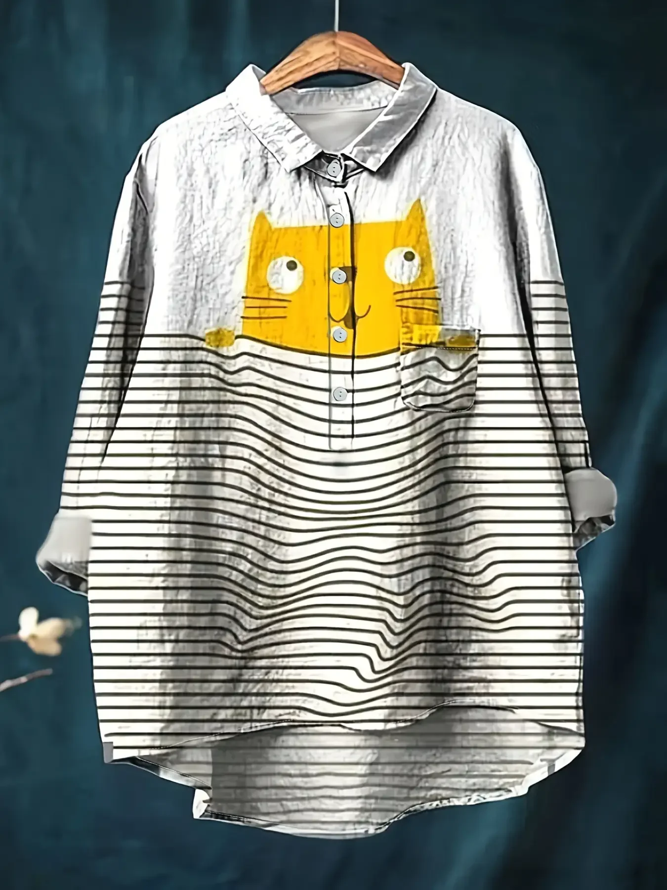 

2026 Ladies' casual loose fit floral printed button up shirt - Yellow mischievous kitten top