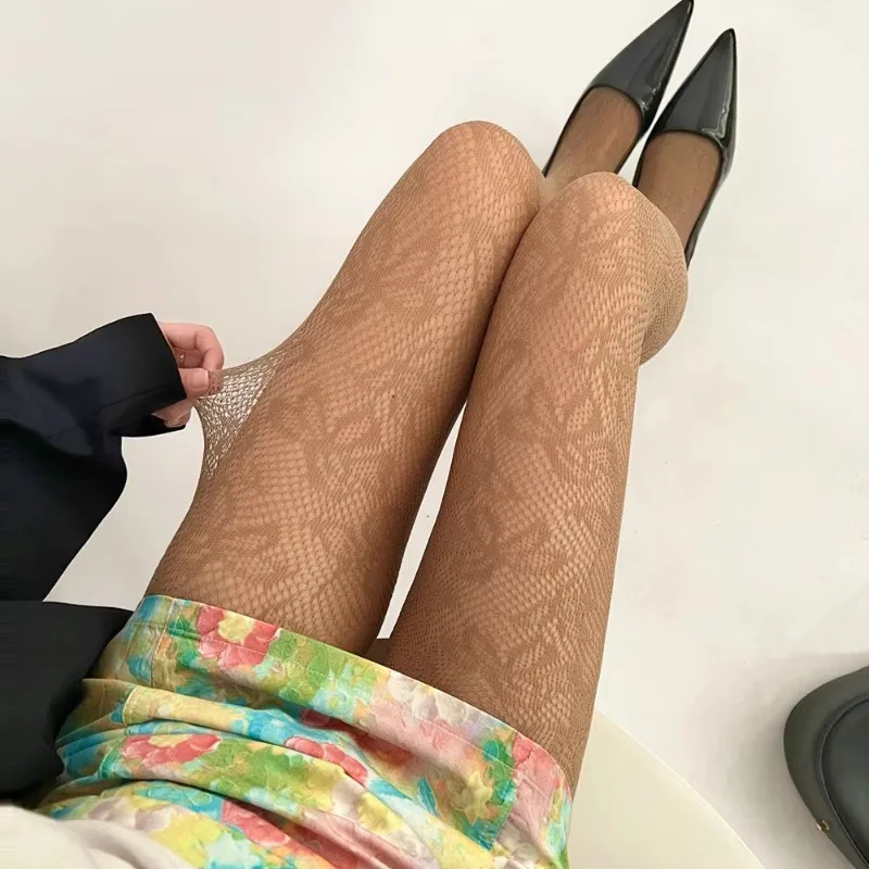

Gothic Maple Leaf Flower Hollow Out Sexy Pantyhose Women Jacquard Fishnet Tights Y2k Fashion JK Tights High Elastic Legging Sock