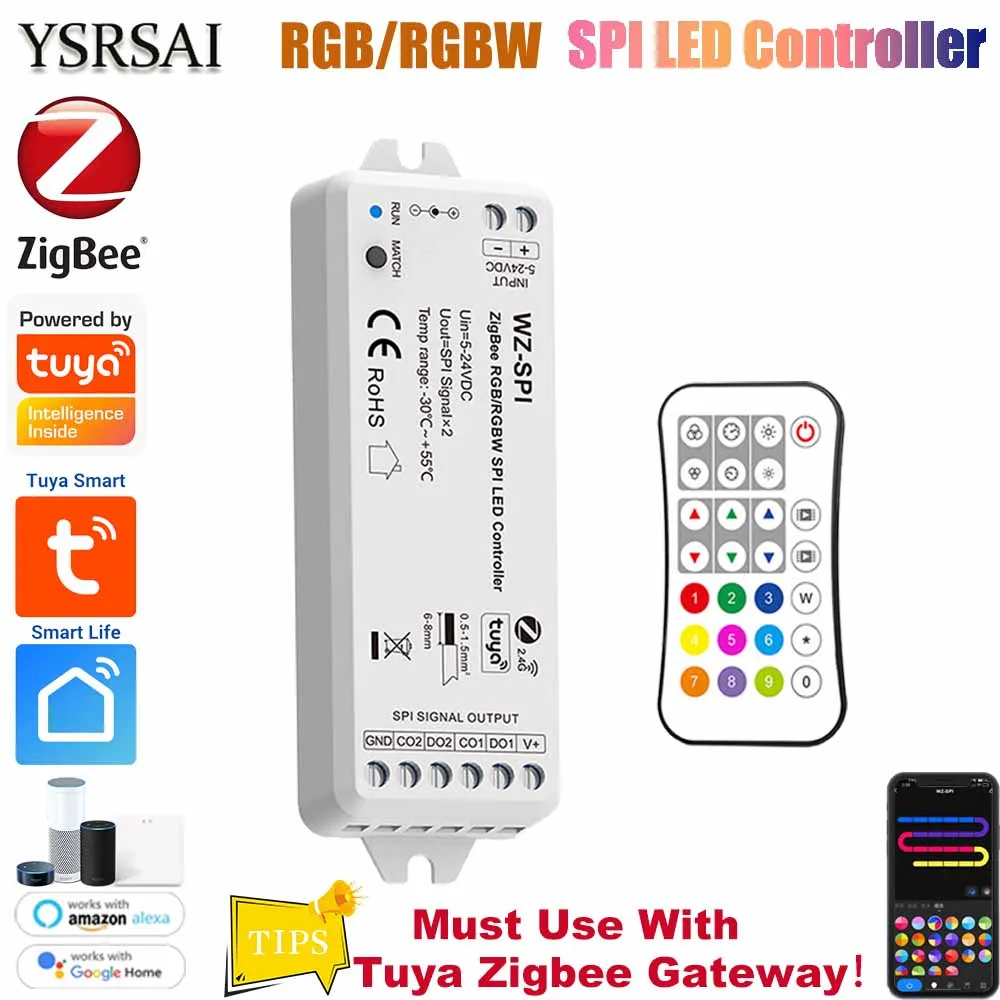 Tuya Zigbee 5-24VDC RGB/RGBW SPI Led Controller 49 tipi Chip indirizzabile dinamico con telecomando RF, può controllo vocale Google Alexa